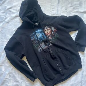 Rock Eagle Full Zip Hoodie with Retro Style Wolf and Woman Graphic